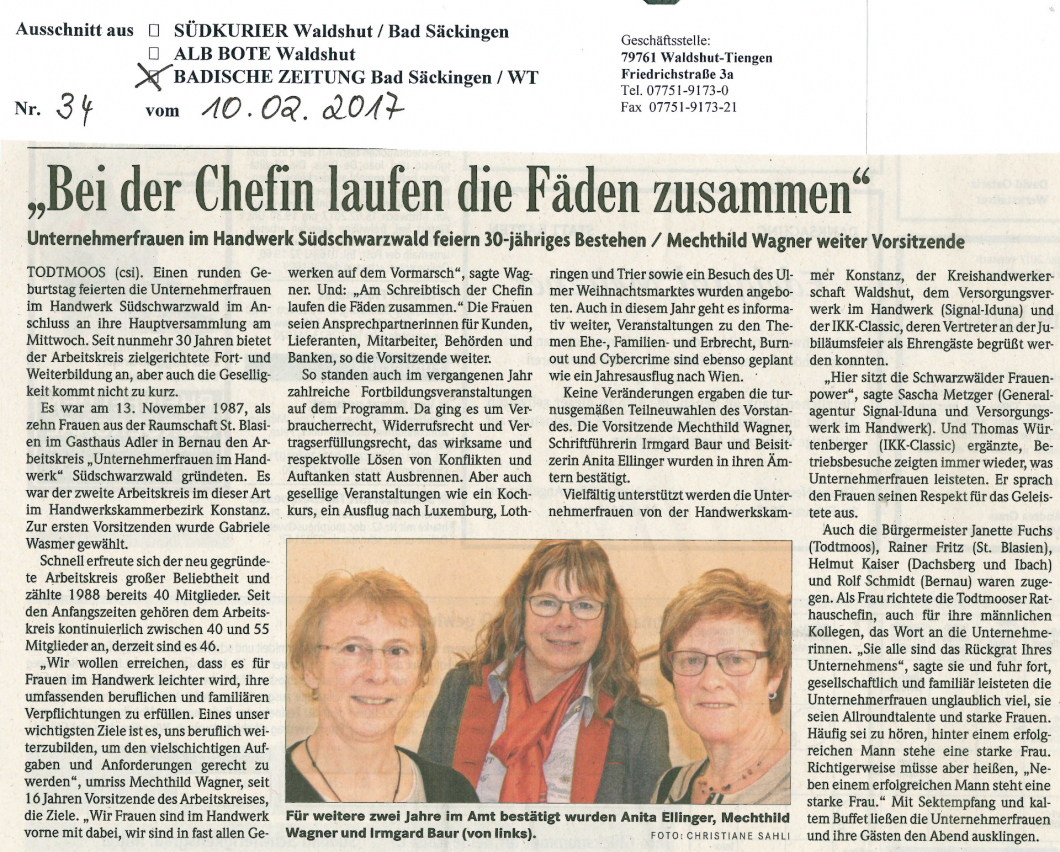 Unternehmerfrauen Südschwarzwald feiern 30-jähriges Bestehen bei der Hauptversammlung am 8.2.2017